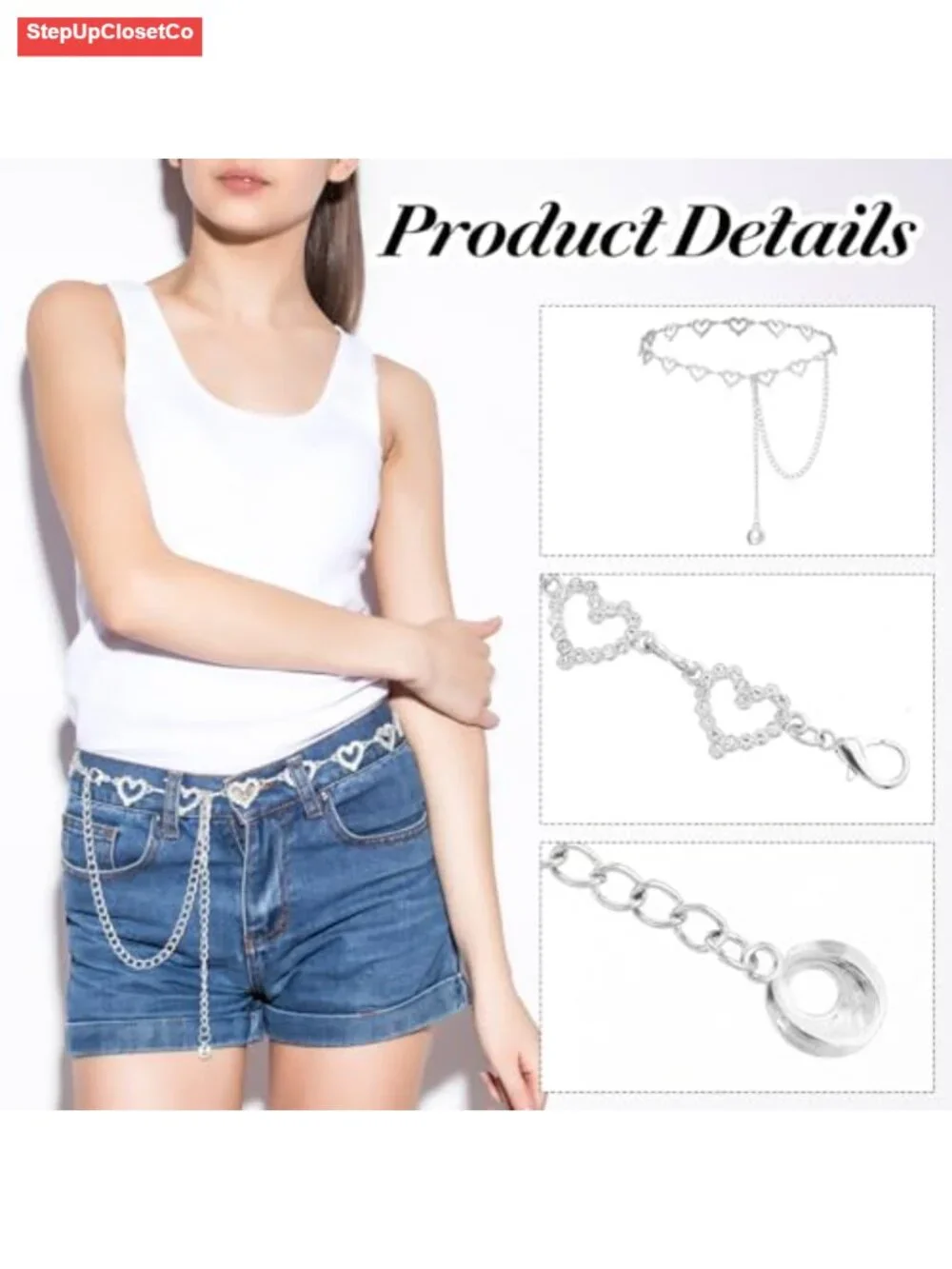 Women's Adjustable Rhinestone Heart Shaped Chain Belt, 110cm Waist Necklace 2
